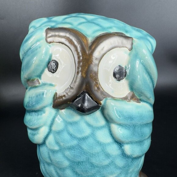 Whimsical Owl Bird Ceramic Figurine Decor Blue Crackled Glaze Figure Porcelain - Picture 4 of 10